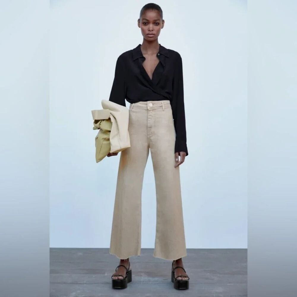 Zara Marine Straight Wide Leg Jeans Sz 8 Tan Beige High Rise Stretch